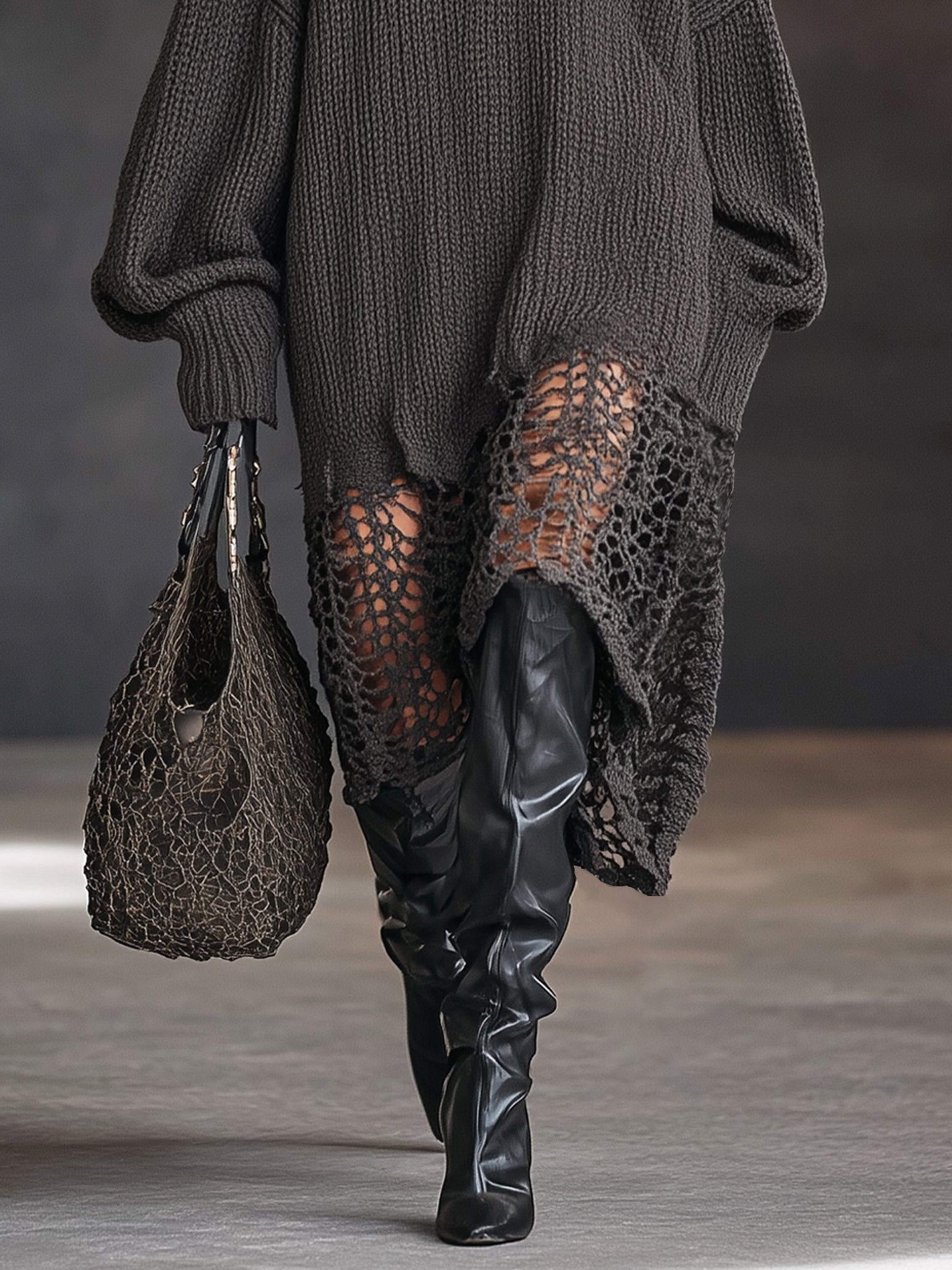 Charcoal Gray V-Neck Knit Mesh Long Sleeve Midi Dress