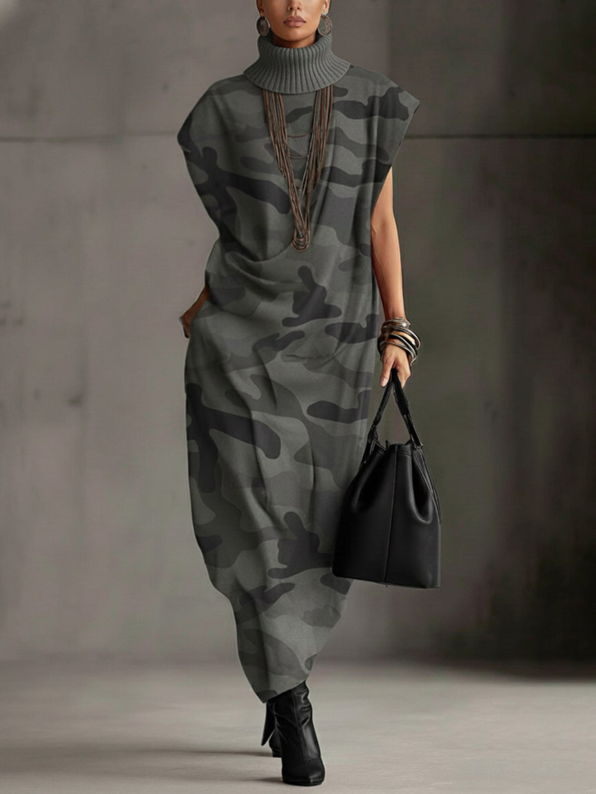 Gray Camo Sleeveless Turtleneck Maxi Dress