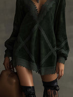 Emerald Green Faux Suede Mini Dress With Lace