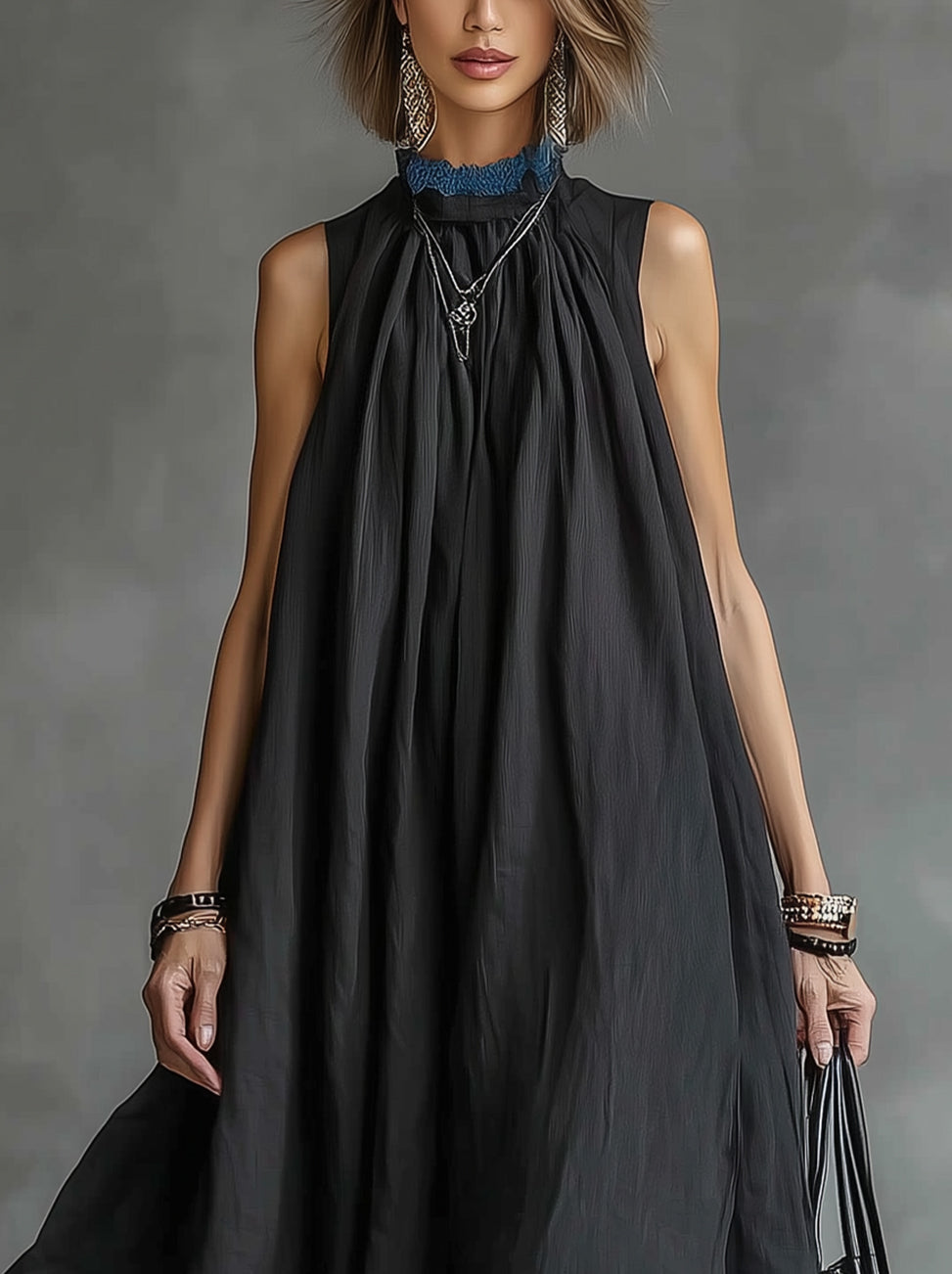 Black And Gray Layered Halter Maxi Dress With Blue Lace Trim