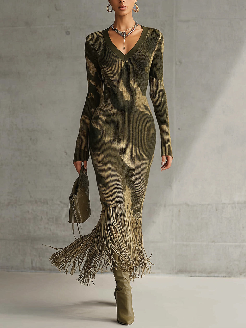 Olive Camo Knit V-Neck Fringe Hem Bodycon Dress