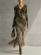 Olive Camo Knit V-Neck Fringe Hem Bodycon Dress