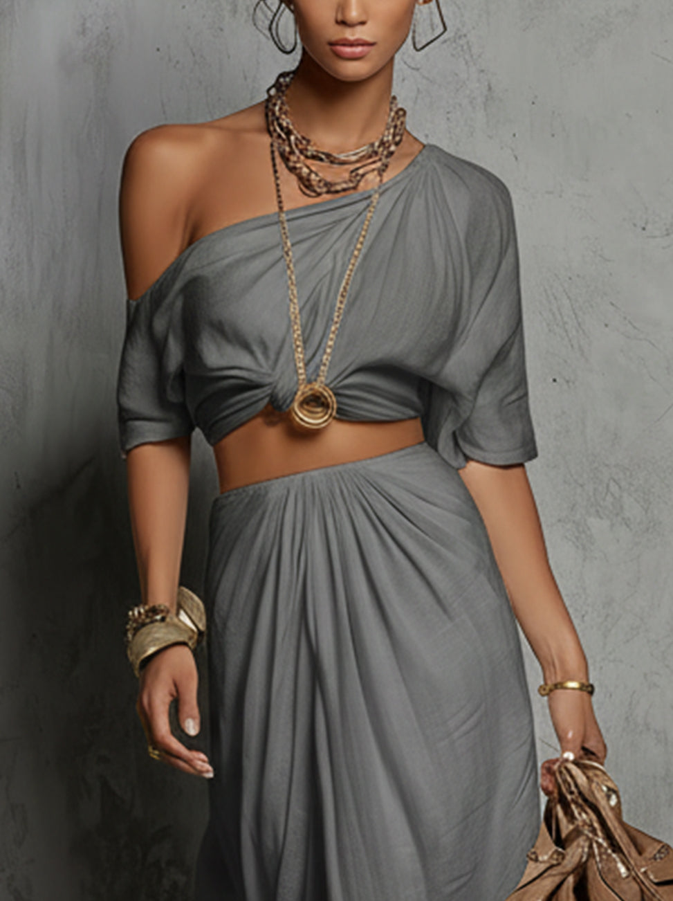 Gray One-Shoulder Cutout Maxi Dress Set
