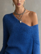 Blue Off‑Shoulder Mohair Sweater Dress With Lace Hem