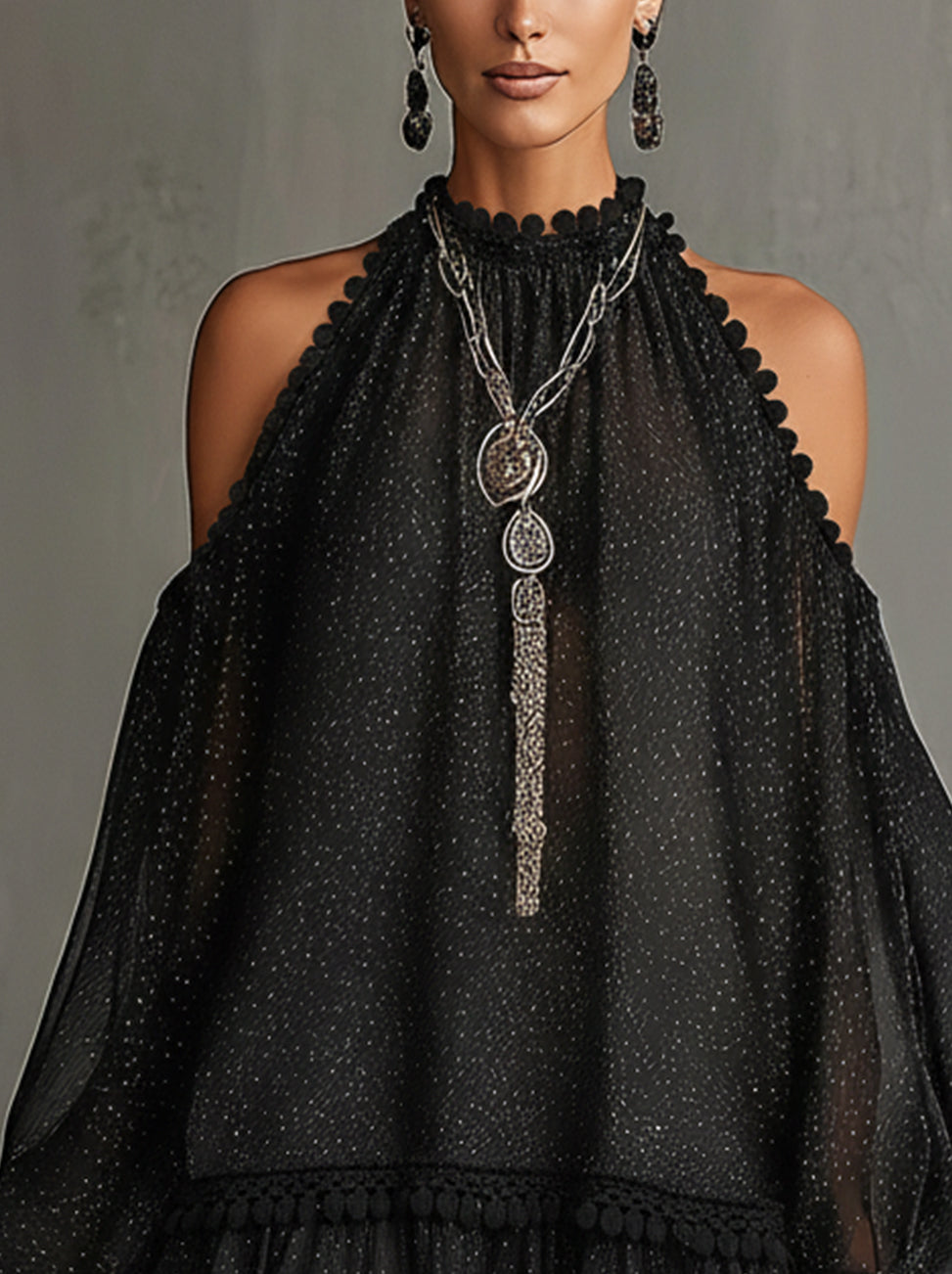 Black Halter Neck Polka Dot Chiffon Mini Dress With Pom Trim