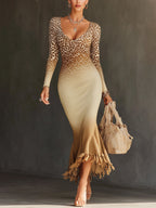 Light Brown Leopard Print Ombre Knit Fringed Hem Maxi Dress