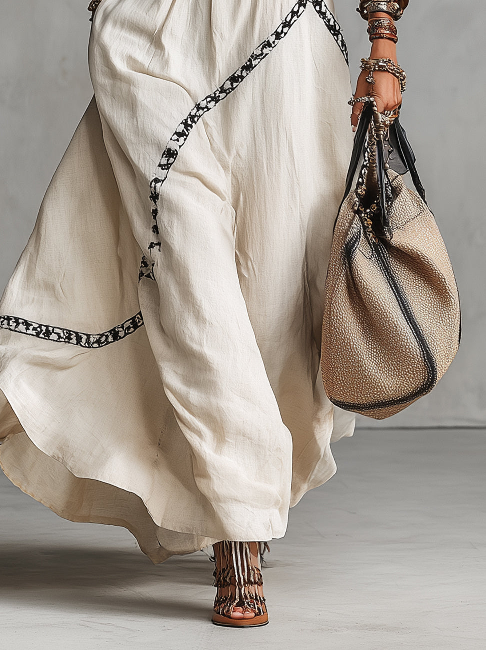 Beige Sleeveless V-Neck Boho Maxi Dress With Black Contrast Trim