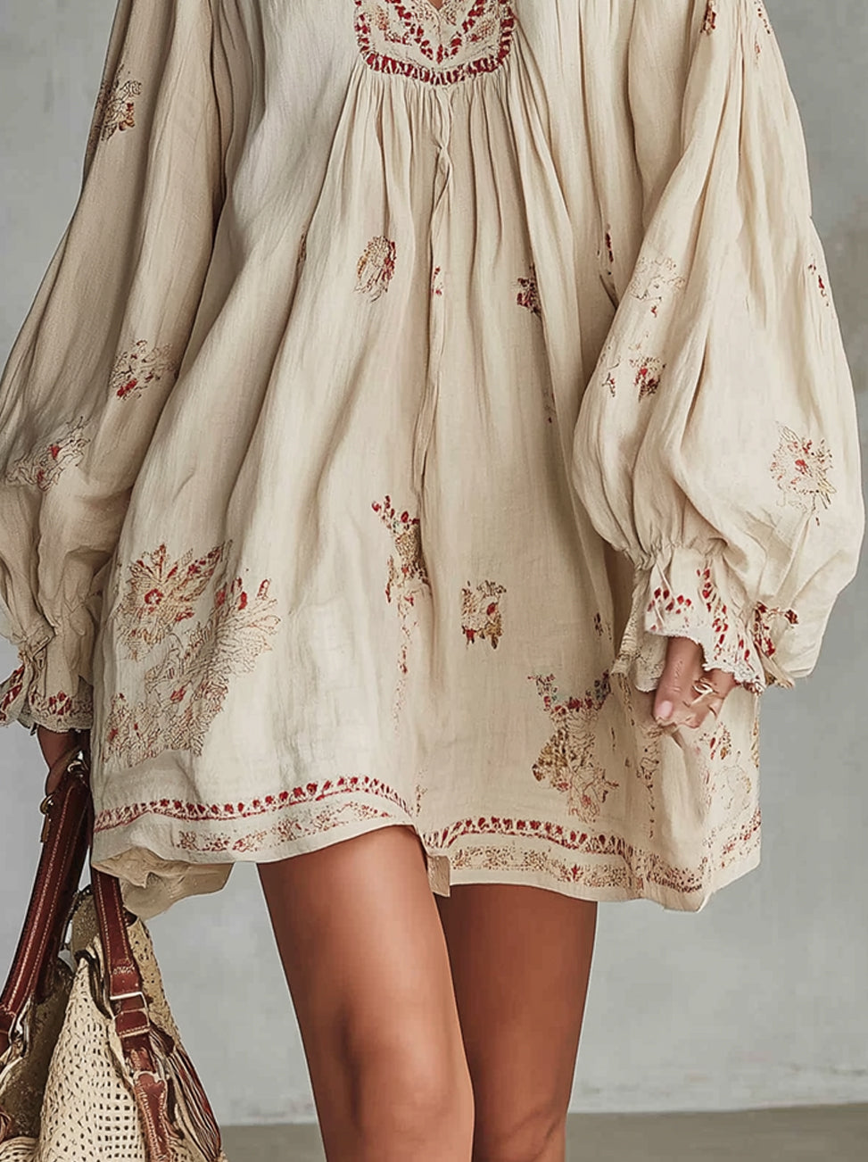 Beige Print Boho V-Neck Long Sleeve Linen Mini Dress