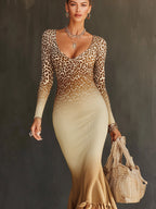 Light Brown Leopard Print Ombre Knit Fringed Hem Maxi Dress
