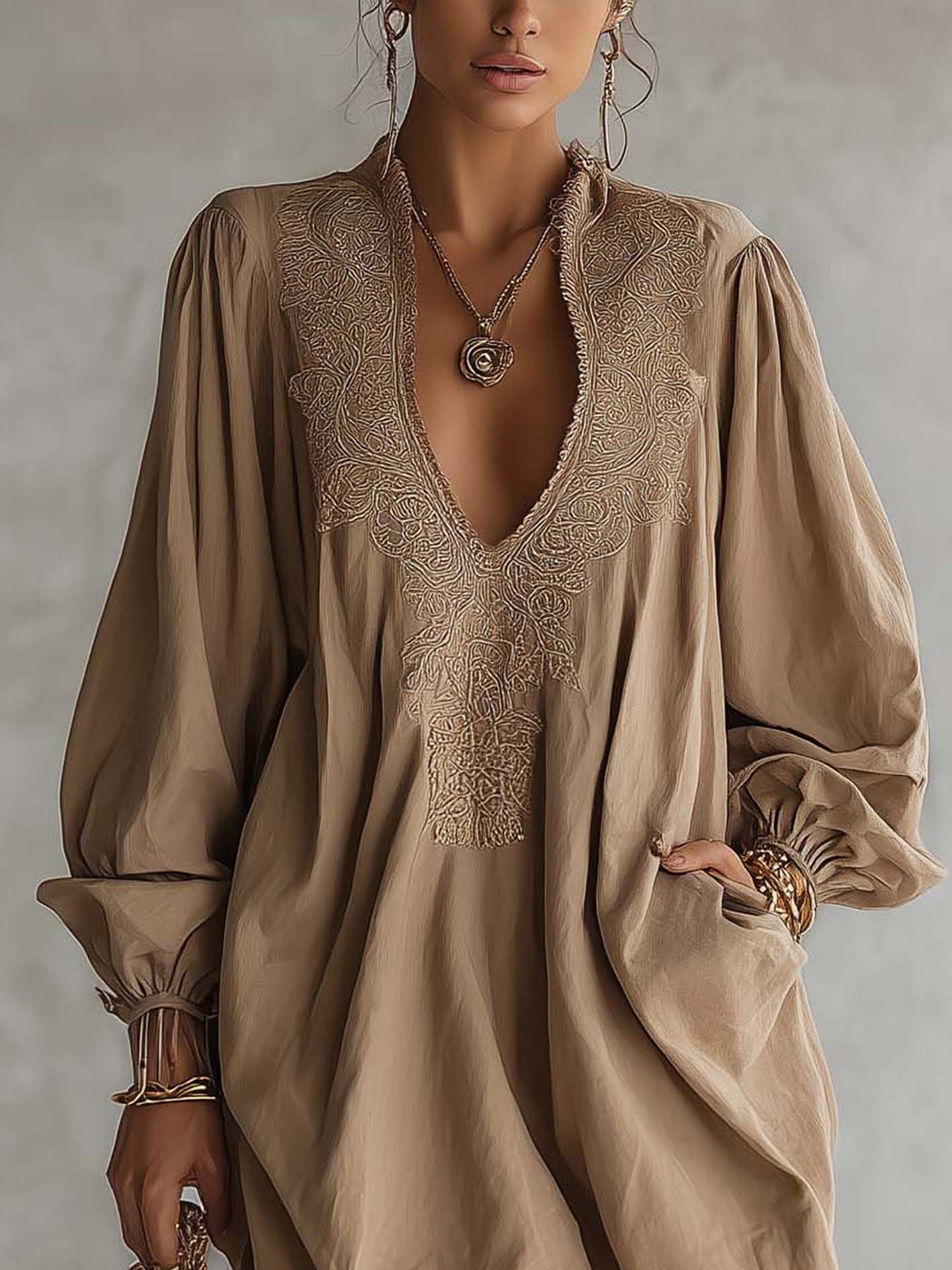 Khaki Vintage Embroidered Cotton Linen Bubble Hem Mini Dress