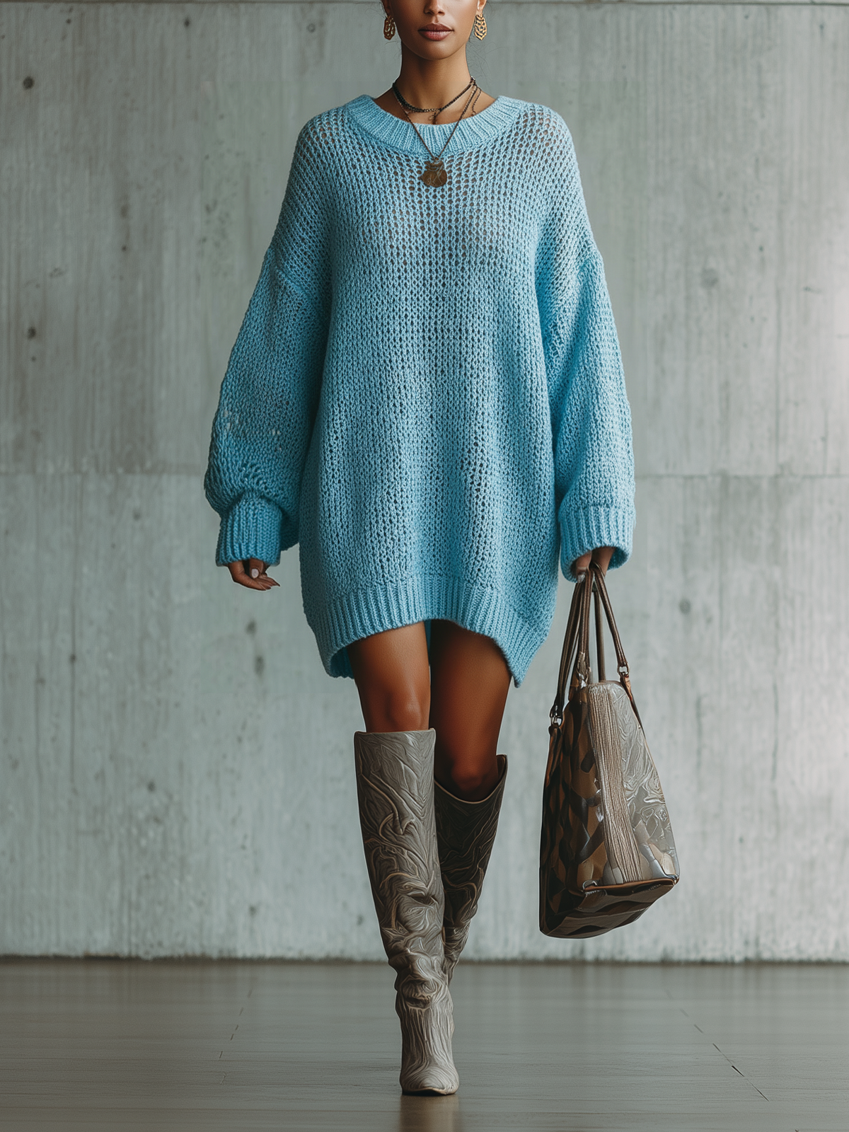 Blue Chunky Knit Oversized Sweater Dress
