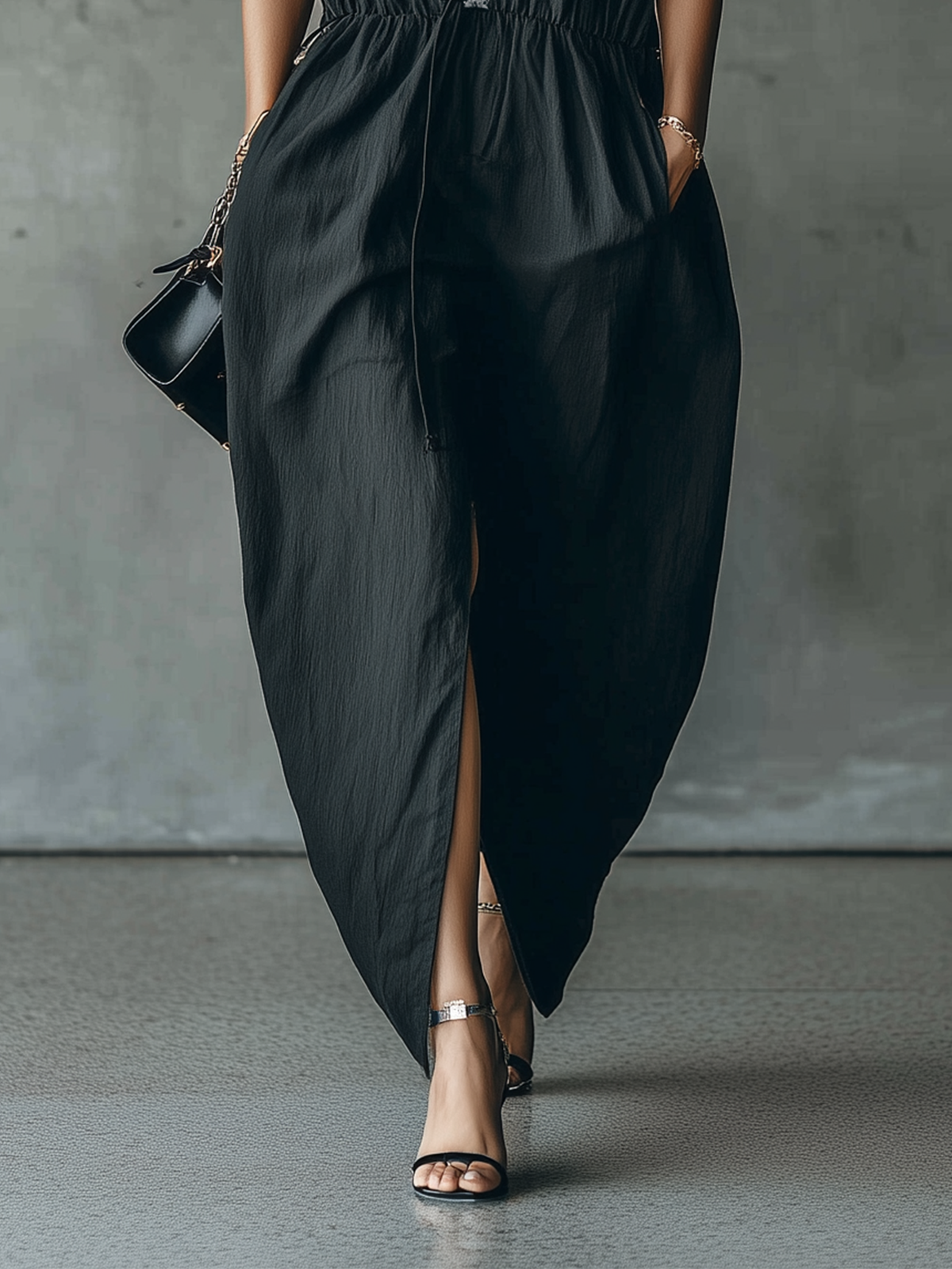 Black  Lace-Trimmed Deep V-Neck Embroidered Maxi Dress