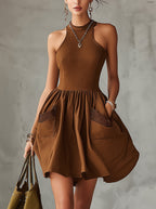 Brown Halter Neck Sleeveless Pocket Flare Mini Dress