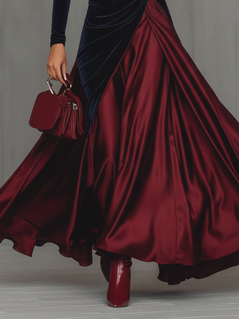 Blue Velvet And Burgundy Satin Color Block  Long Dress