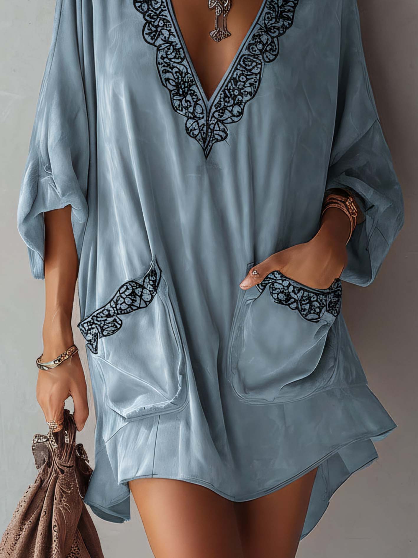 Light Blue Faux Suede Mini Dress With Vintage Embroidery Detailing