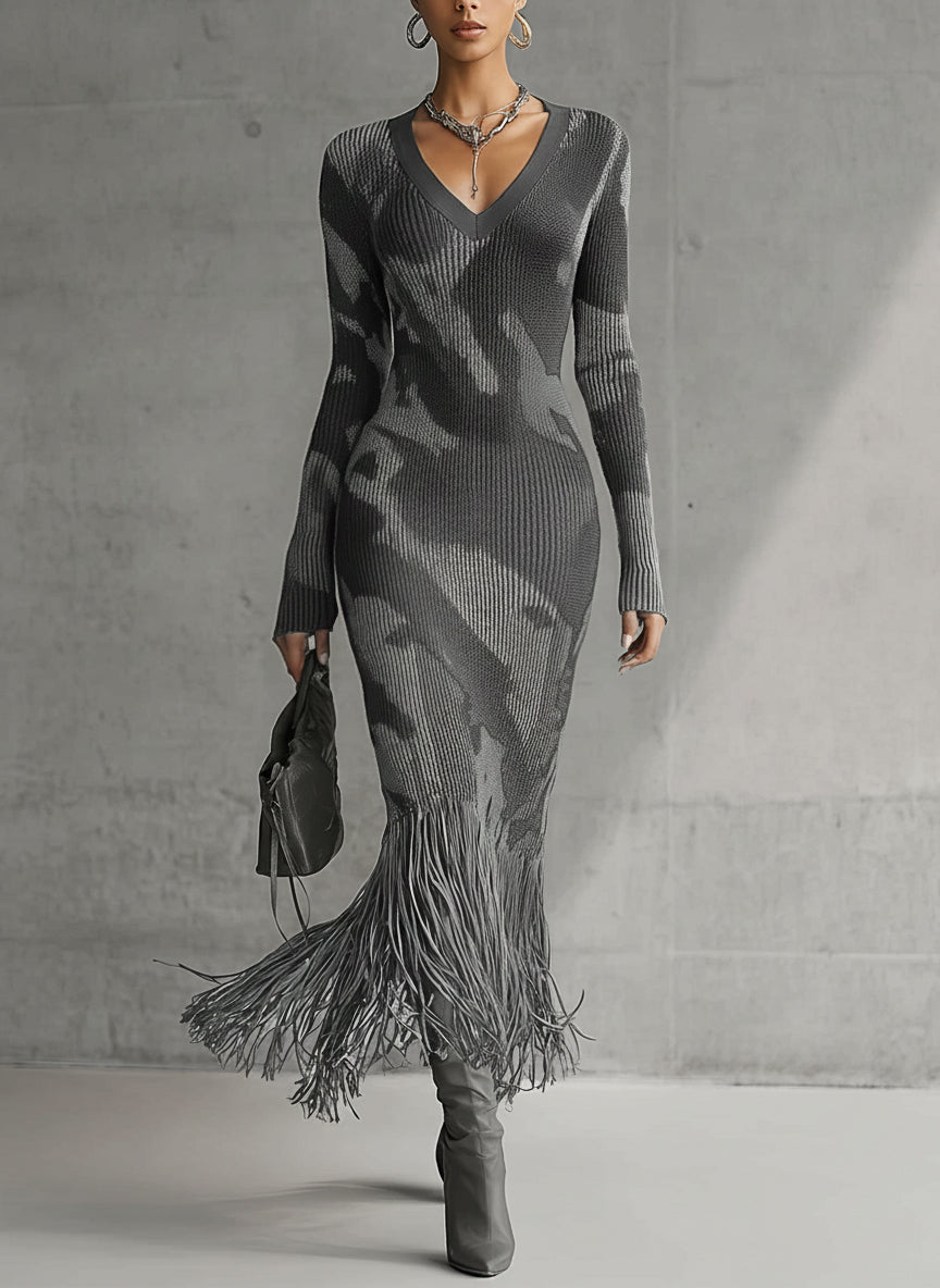 Olive Camo Knit V-Neck Fringe Hem Bodycon Dress