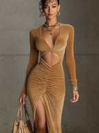 Camel Velvet Openwork Long Sleeve Bodycon Dress