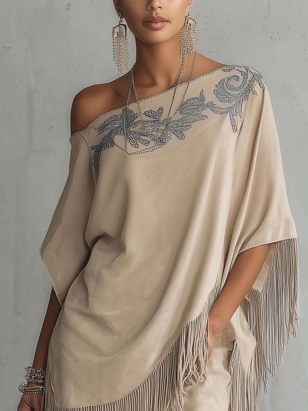 Beige Faux Suede One Shoulder Embroidered Fringe Mini Dress