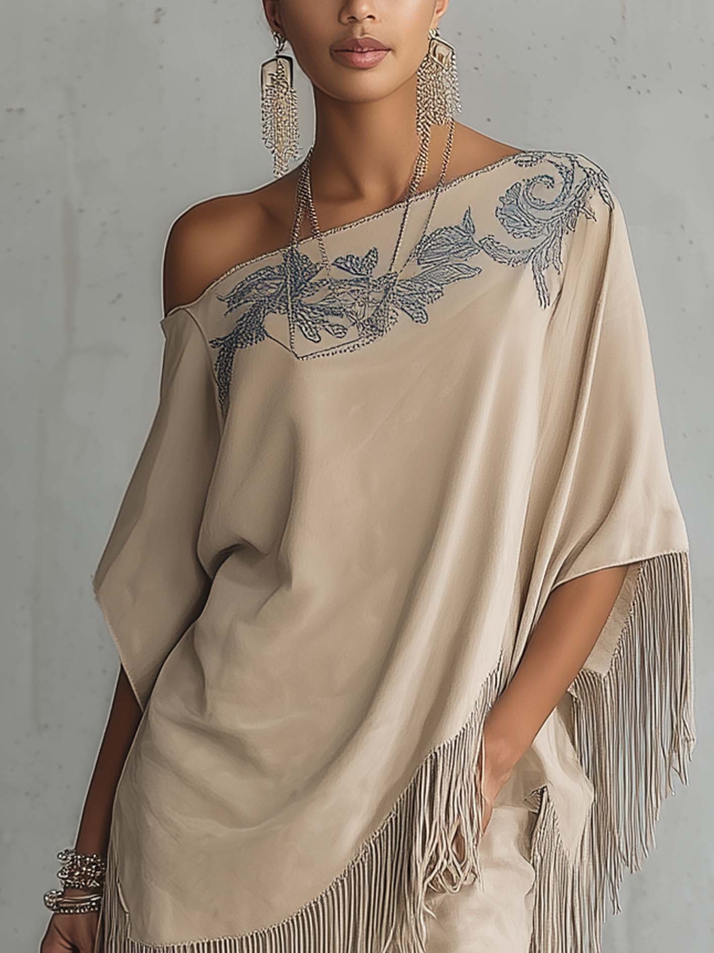 Beige Faux Suede One Shoulder Embroidered Fringe Mini Dress