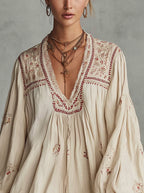 Beige Print Boho V-Neck Long Sleeve Linen Mini Dress