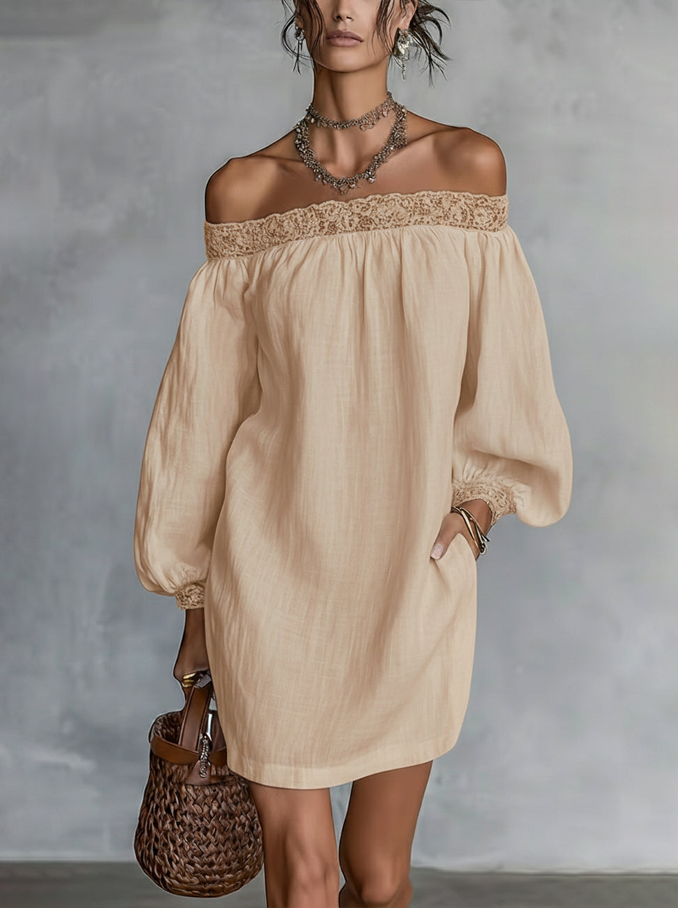 Beige Off-Shoulder Lace Trim Long Sleeve Linen Mini Dress