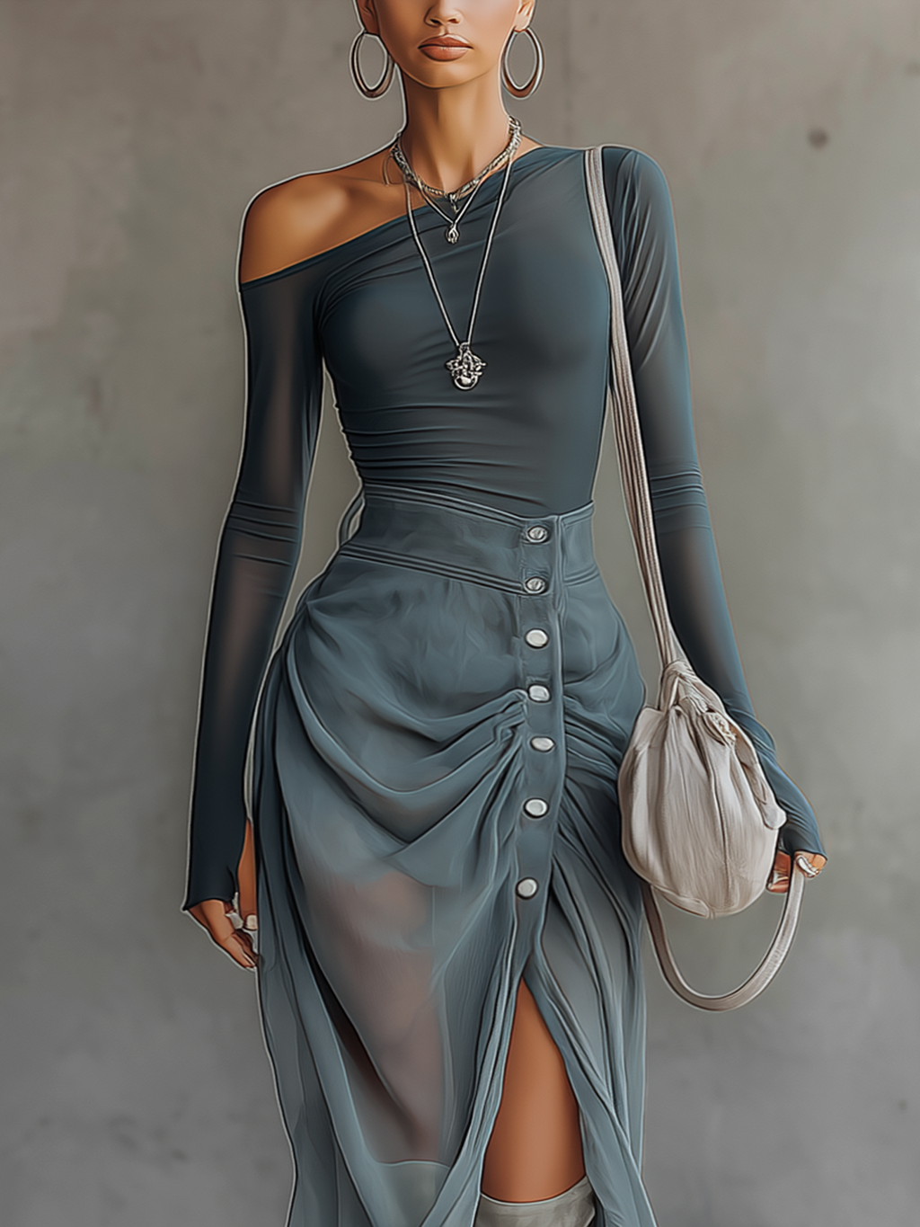 Blue Stretch Knit Chiffon Off-shoulder Maxi Dress With Slit Hem