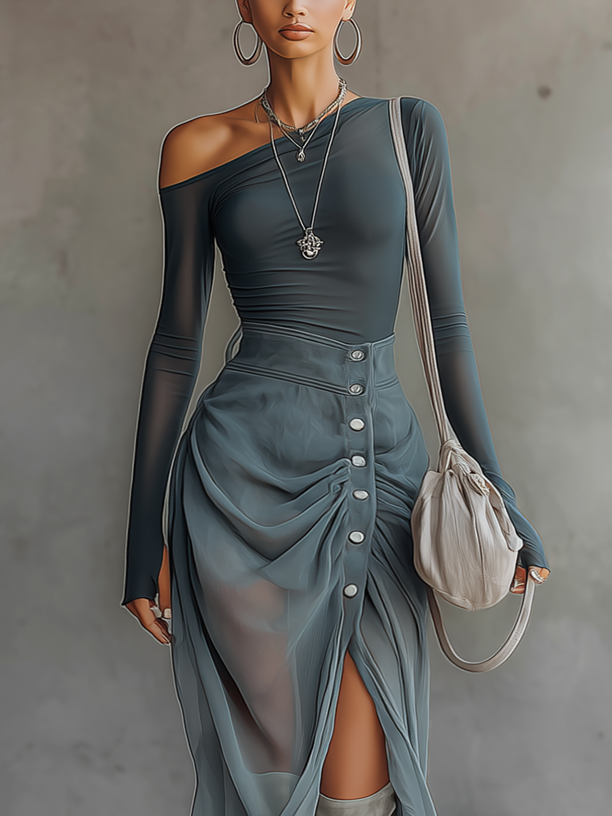 Blue Stretch Knit Chiffon Off-shoulder Maxi Dress With Slit Hem