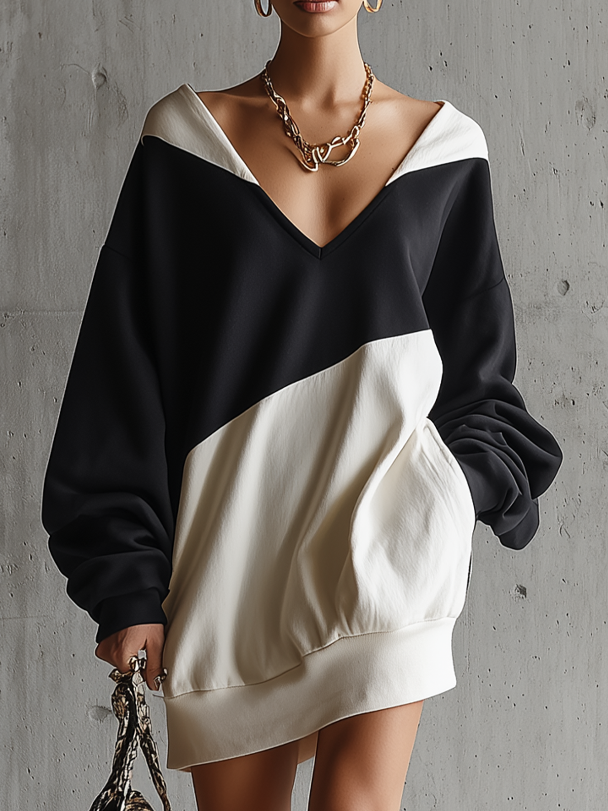 Black & White Colorblock V-Neck Oversized Sweatshirt Dress