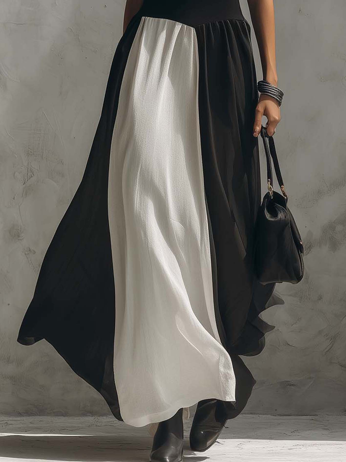 Black And White Contrast Sleeveless Cotton Linen Maxi Dress