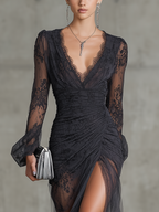 Black Lace Ruched Sheer Long Sleeve Slit Maxi Dress