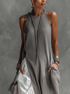 Color Block Gray Sleeveless Cotton Linen Maxi Dress