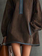 24-Hour-Shipping Brown Faux Suede Fleece High-Neck Zip-Up Oversized Mini Dress