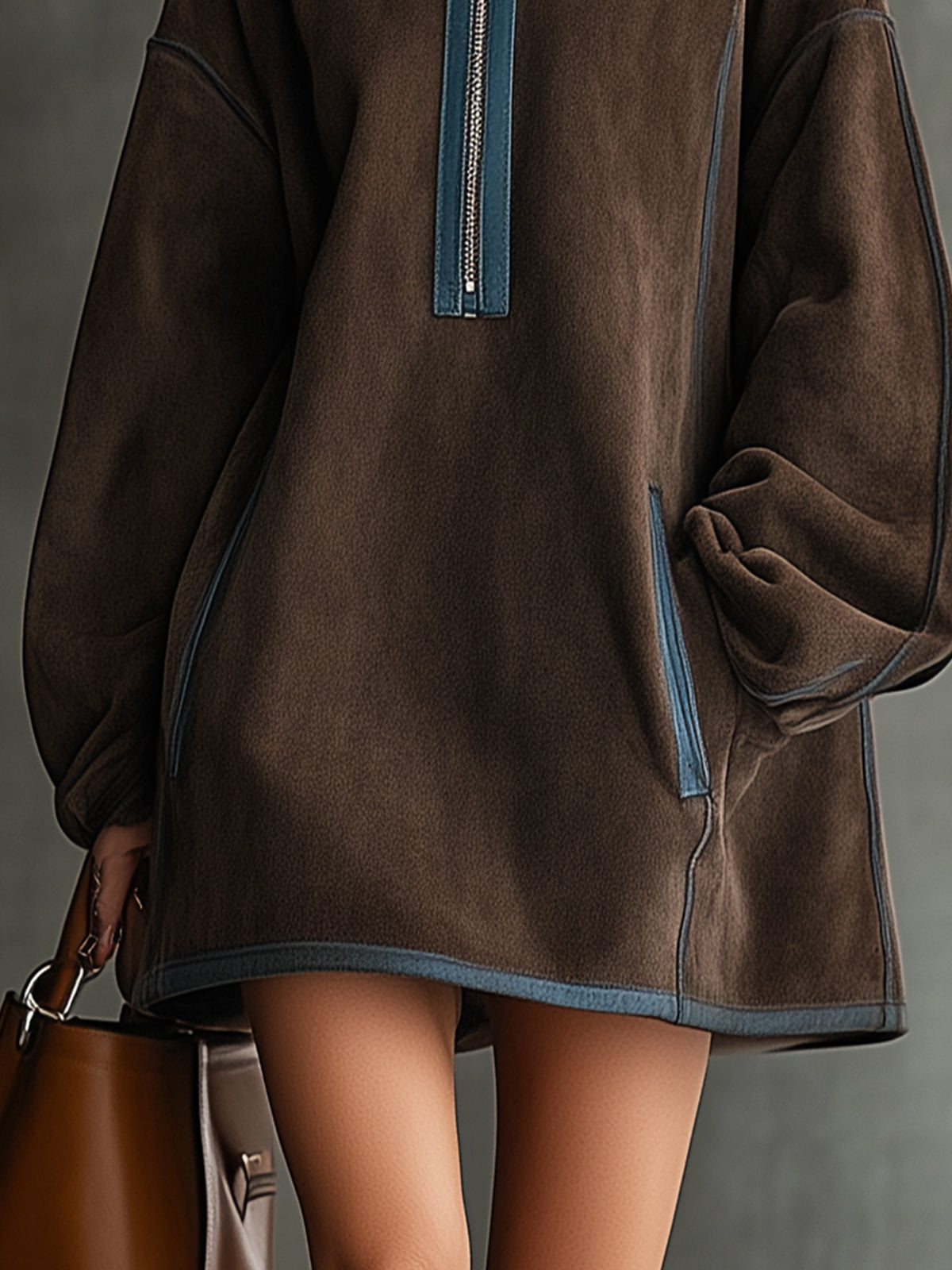 24-Hour-Shipping Brown Faux Suede Fleece High-Neck Zip-Up Oversized Mini Dress