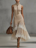 Beige Sleeveless High Neck Knit Maxi Dress With Chiffon Lace Hem