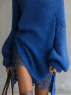 Blue Off‑Shoulder Mohair Sweater Dress With Lace Hem