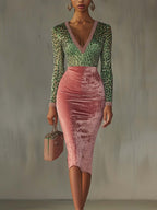 Pink Velvet Bodycon Dress With Patchwork Webbing And Leopard Print