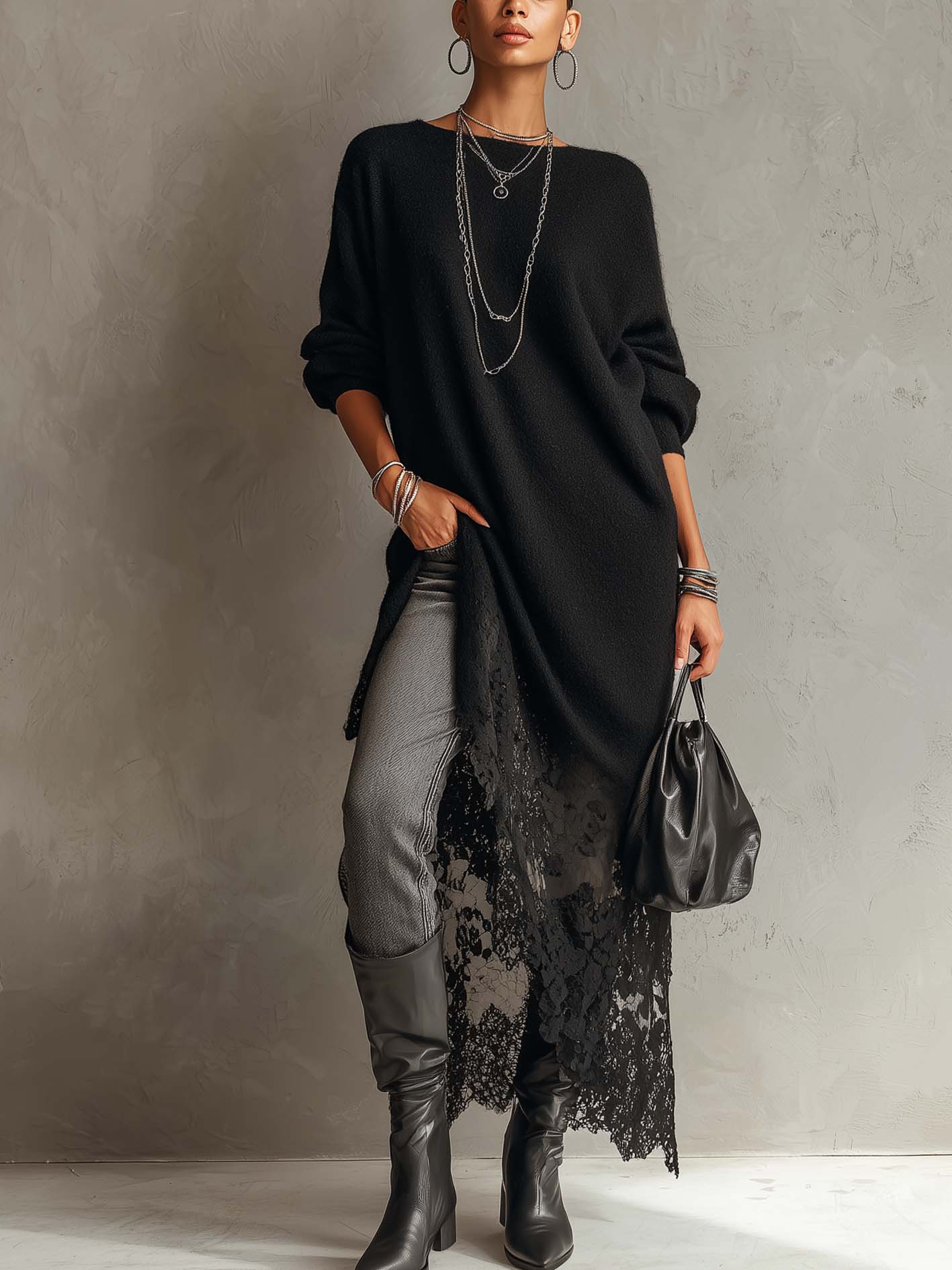 Black Loose Fit Mohair Knit Midi Dress With Lace Hem