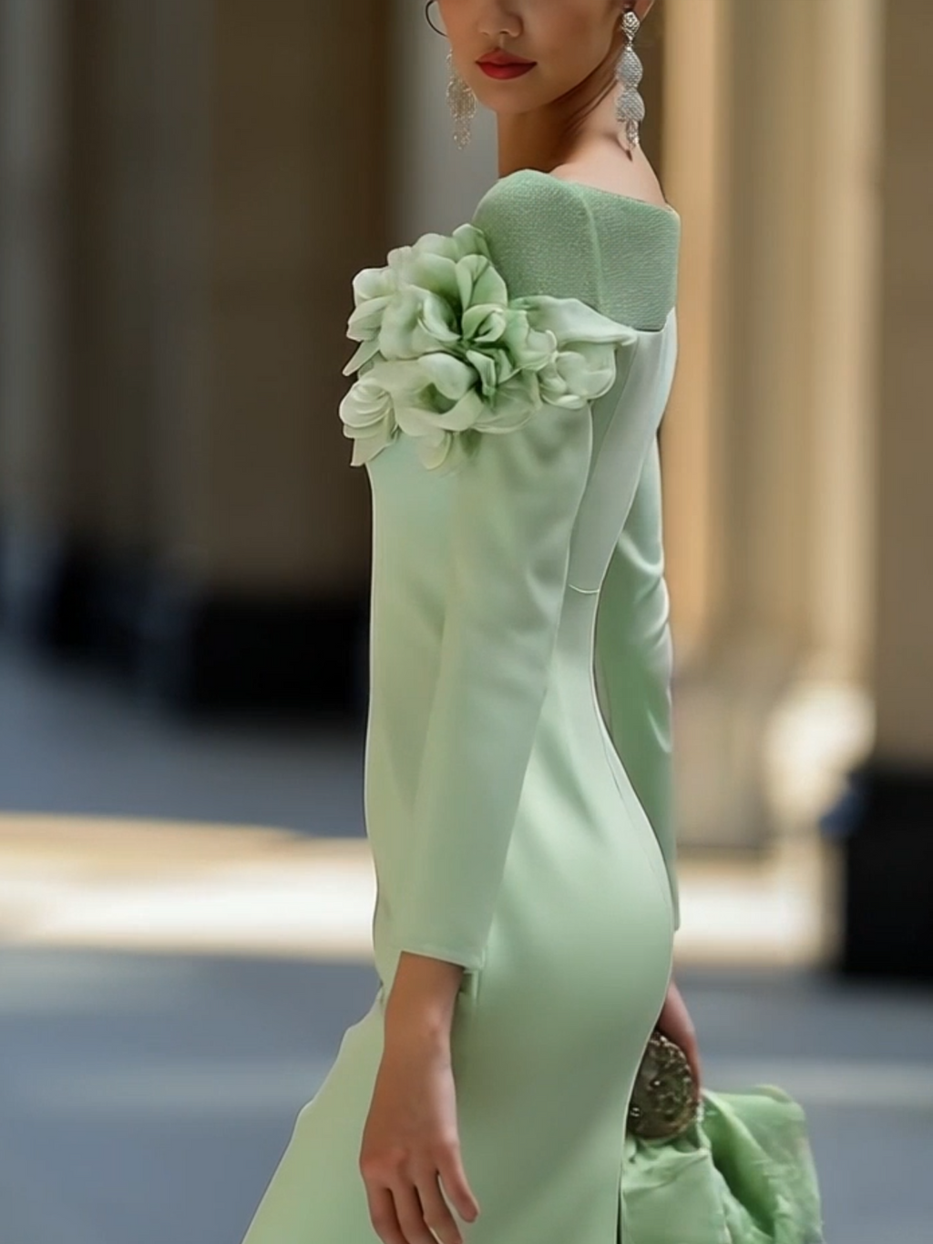 24-Hour-Shipping Light Green Midi Pencil Dress With Mesh And 3D Flower Decoration