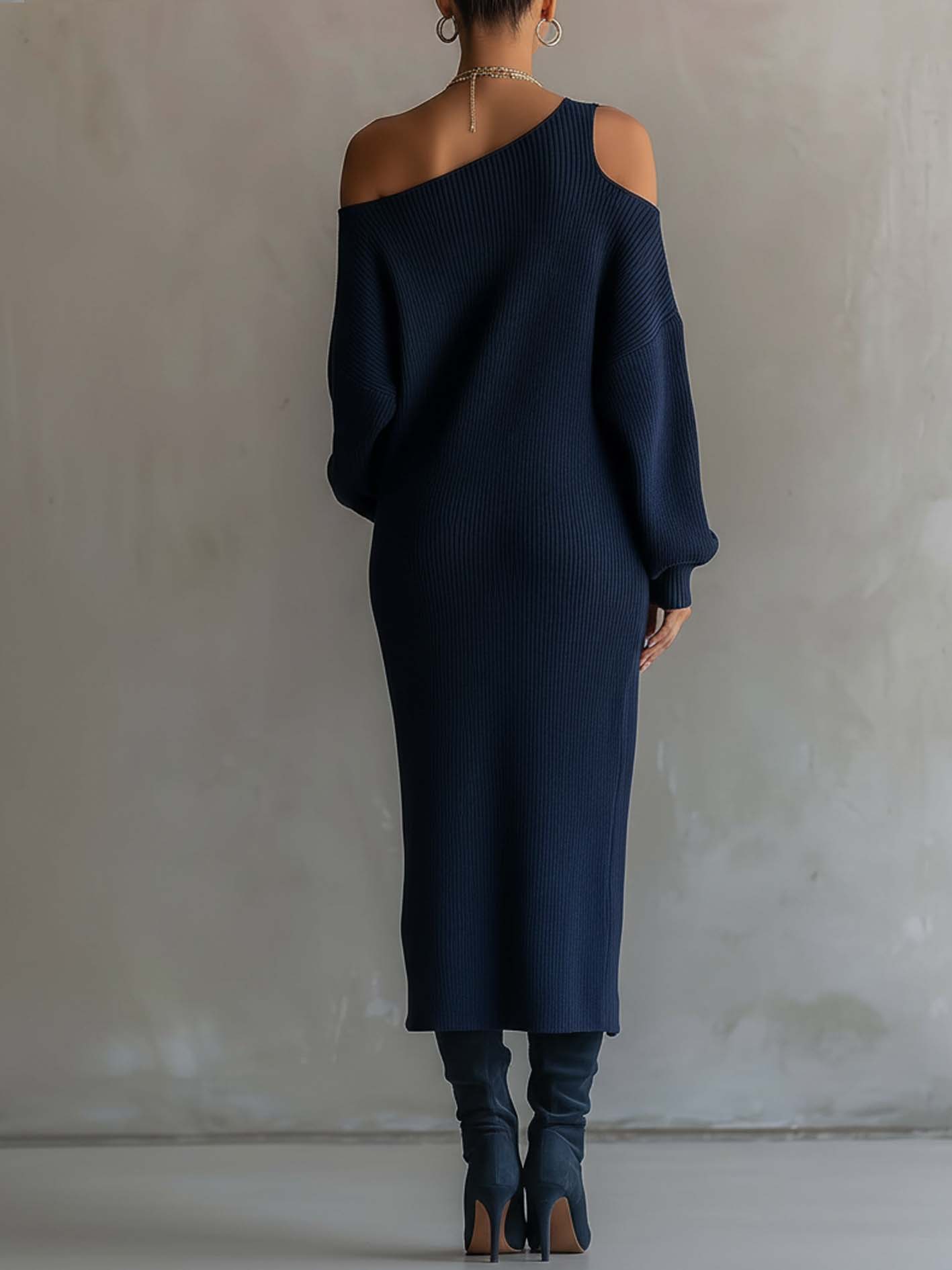 Dark Blue Cold Shoulder Knit Midi Dress With Side Slit