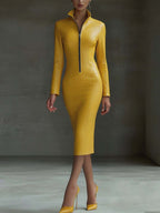Stylish Yellow Textured Faux Leather Midi Bodycon Dress With Zipper