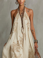 Beige Floral Print Halter Neck Boho Maxi Dress