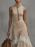 Beige Sleeveless High Neck Knit Maxi Dress With Chiffon Lace Hem