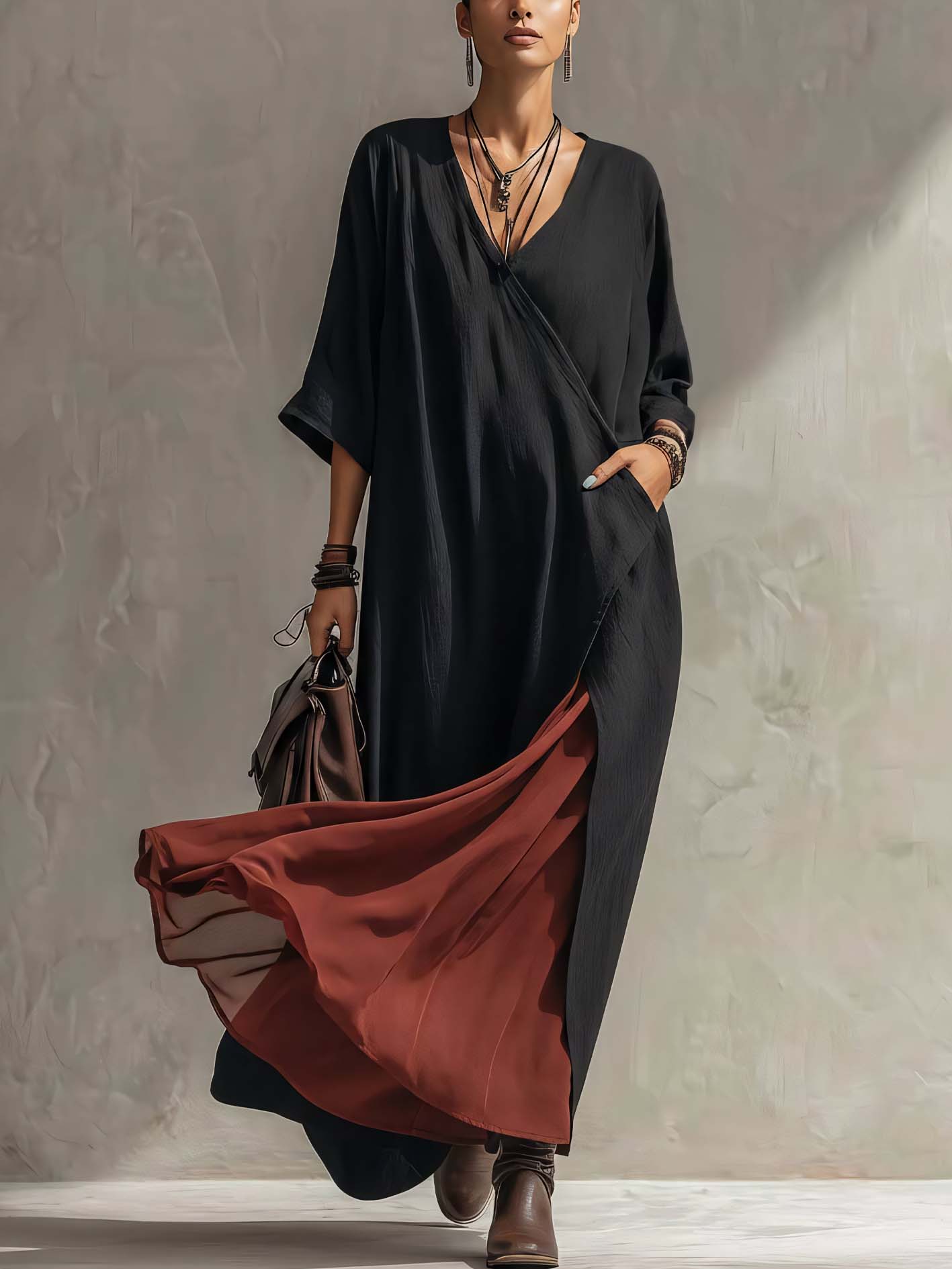 Black Cotton Linen Maxi Dress With Wine Red Chiffon Patchwork