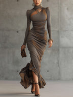 Brown Leopard Print Pleated Cutout Maxi Dress