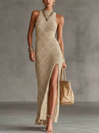 Beige Geometric Knit Sleeveless High-Slit Maxi Dress