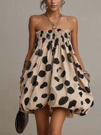 Beige Leopard Print Off Shoulder Bubble Hem Mini Dress