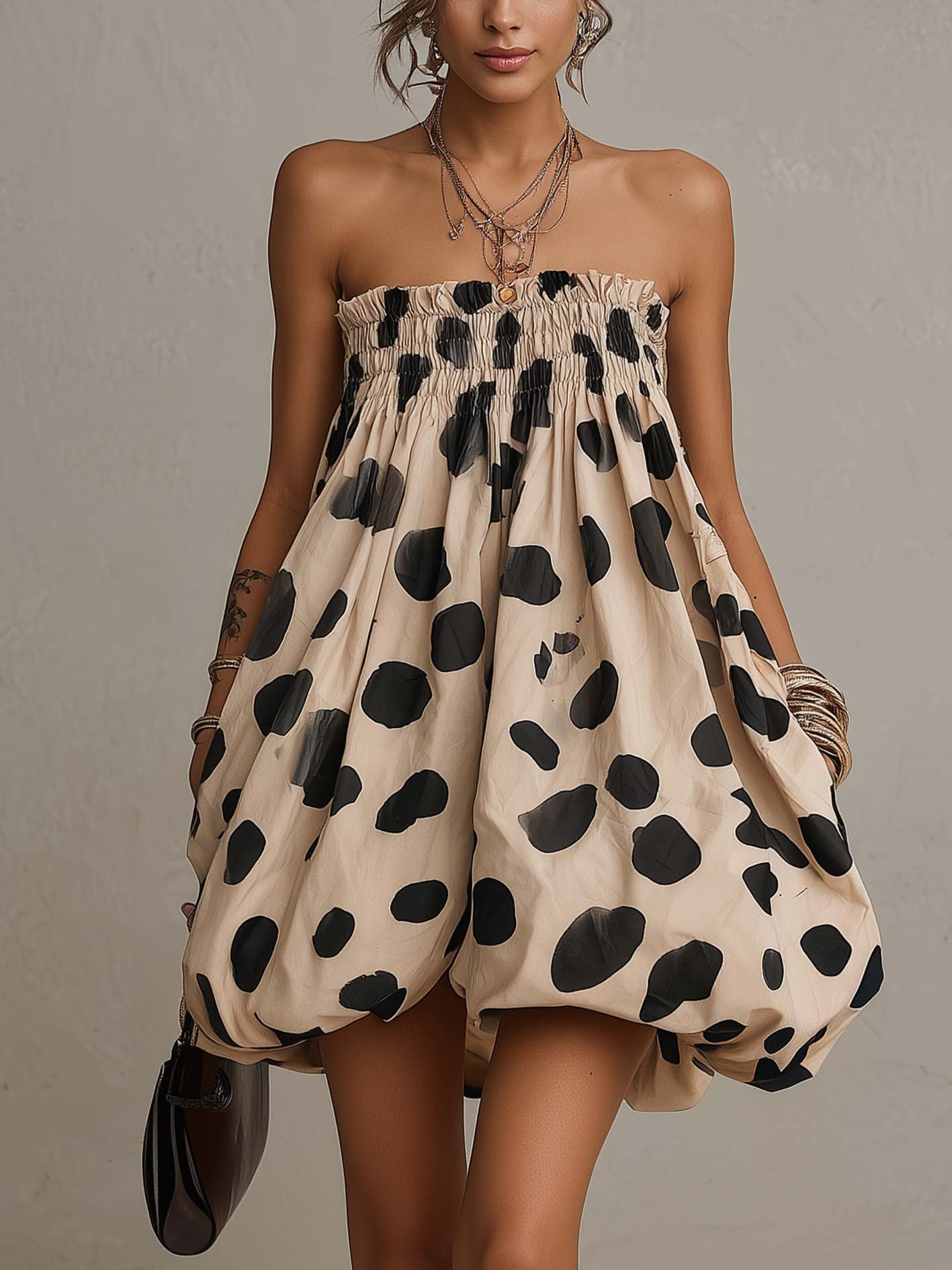 Beige Leopard Print Off Shoulder Bubble Hem Mini Dress