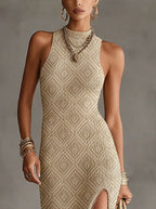 Beige Geometric Knit Sleeveless High-Slit Maxi Dress