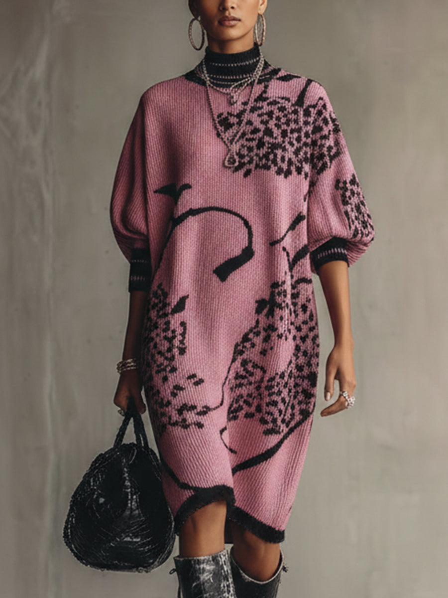 Black And Pink Knit Loose Short Sleeve Midi Dress