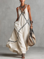 Beige Sleeveless V-Neck Boho Maxi Dress With Black Contrast Trim